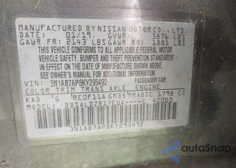 2019 Nissan Sentra Sv from USA, damaged, VIN 3N1AB7AP8KY295492